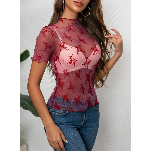 🆕Women's Red Polyamide Mesh Sheer Long Sleeve Mock Neck Lace Floral Blouse - Picture 4 of 6